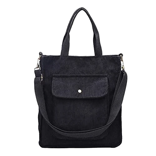 Cord Tote Bag Women's Shoulder Bag Casual Top Handle Bag Women's Handbags Shopper Bag Women's Large Cord Bag Bag Women's with Zip Shoulder Bag Women's Fabric Bag, black, One Size