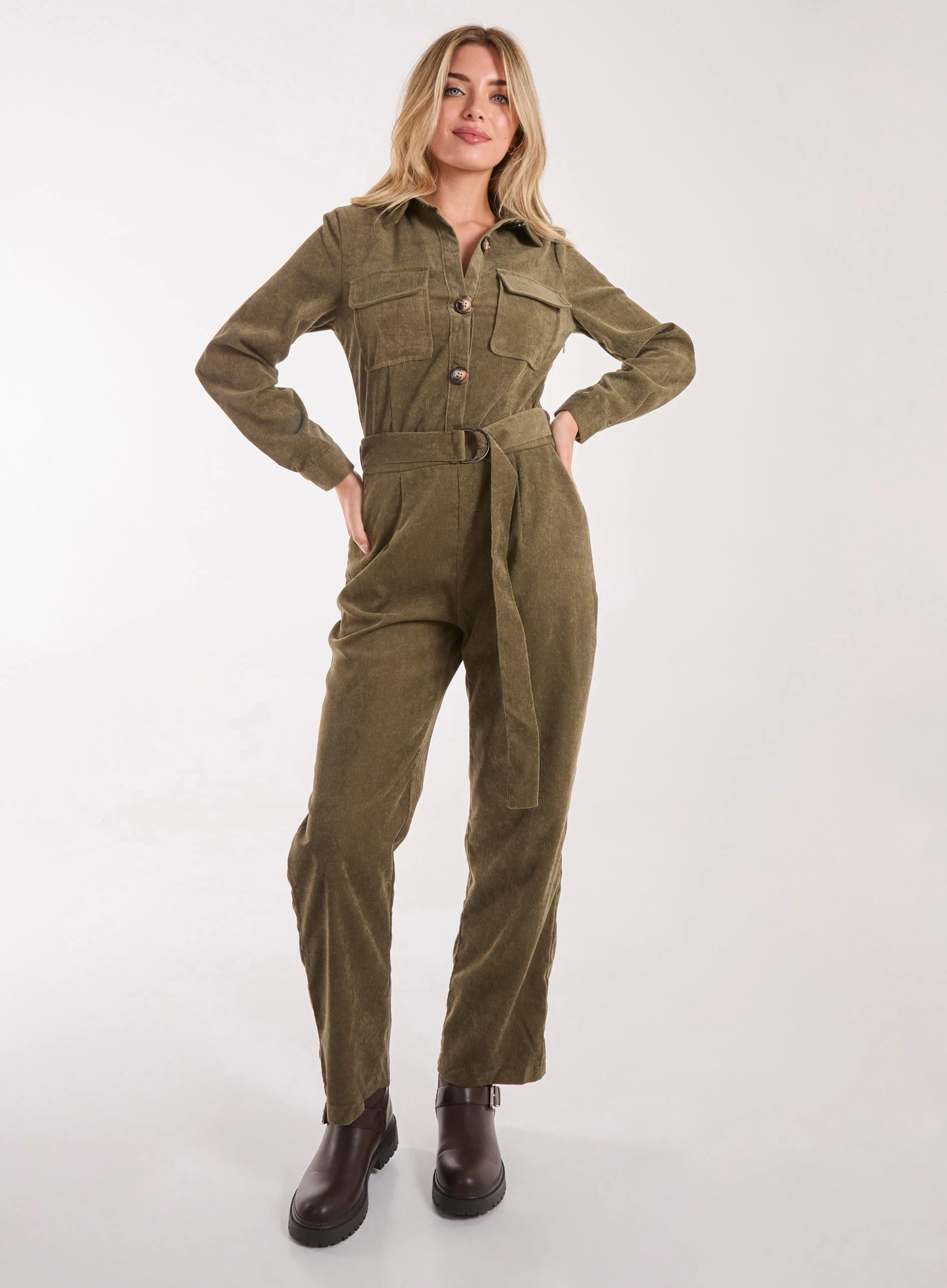 Corduroy Collar Long Sleeve Button Boilersuit KHAKI