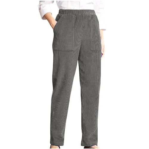 Corduroy Trousers Women Elasticated Waist with Pocket Casual Pants Trousers Relax Fit Ladies Full Le