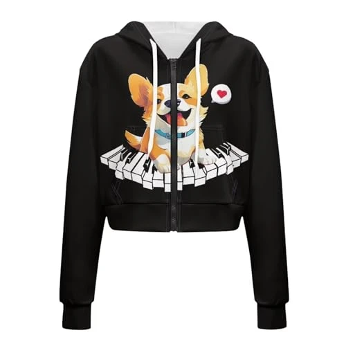 Corgi Cropped Hoodies for Women Full-Zip Hooded Sweatshirt Y2K Cute Fall Jackets Long Sleeve Pullover Sweater Piano Thin Coat Womens Hoodie Sweatshirts 4XL/5XL Cardigan