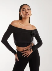 Corsage Detail Bardot Long Sleeve Top  - M  - Black