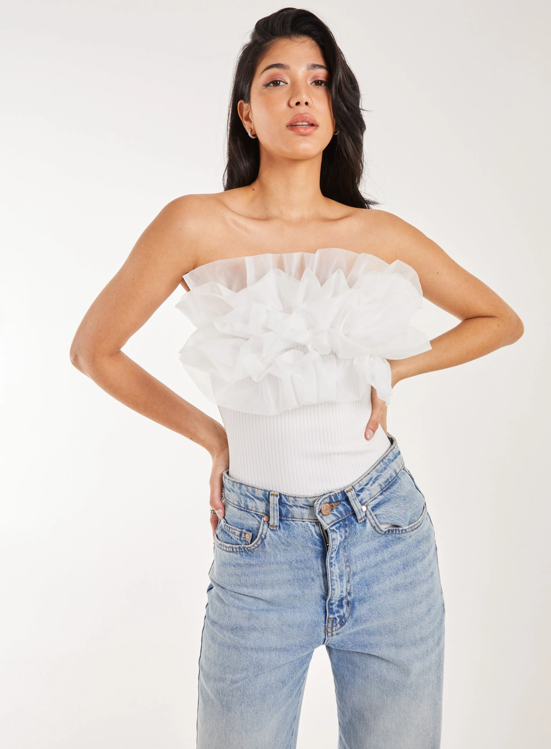 Corsage Front Ruffle Bodysuit  - M  - IVORY