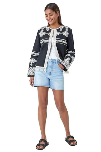 Cotton Blend Aztec Fringe Detail Jacket for Women UK - Ladies Everyday Holiday Spring Summer Round N