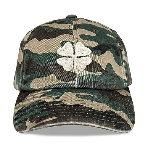 Cotton Embroidered Baseball Cap with Adjustable Straps for Men and Women (One Size Fits Most), Clover - Camo, One Size