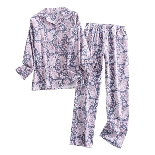 Cotton Flannel Women's Pyjamas Loungewear Plus Fat Plus Size Simple Loose Spring Autumn Winter Cartoon Long Sleeve Trousers Set Leisure Suit for Women Nightdress Long Sleeve, gray, M