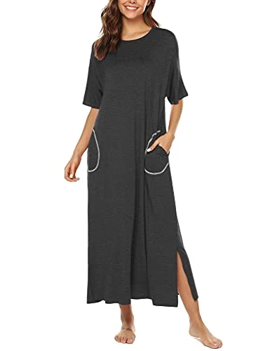 Cotton Knit Short Sleeve Nightgown for Women Full Length Sleep Dress with Pockets Dark Grey S