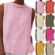 Cotton Linen Tank Tops Sleeveless Vest Tops for Women UK Crewneck Lightweight Sleeveless Sweatshirts Loose Solid Color Tee Tops Loungewear Tunic Tops T Shirt Plain T-Shirts Ladies Blouses Hot Pink