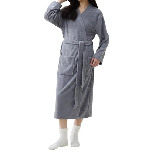 Cotton Nightdress Women's Long Women's Bathrobe Towel Fabric Quick Drying Plain Sleepwear Long Autumn Robe Dress Chemical Coat Terry Cloth Pyjamas Women's Winter, gray, L