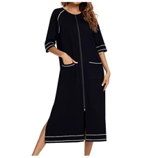 Cotton Robe Zipper Dressing Gowns for Women Uk Bath Robe Knee Length Ladies Housecoat Lightweight Sleepwear 3/4 Sleeve Solid Color Loungewear Warm And Cosy Kimono Bathrobe