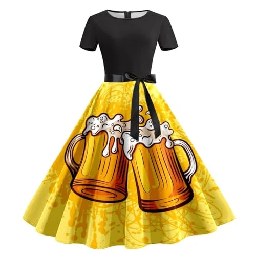 Cotton Tee Dress Round Neck Short Sleeve Dress Removable Belt Oktoberfest Print Casual Dress Ruched Dress for Women (Yellow, XXL)