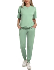 Cotton Tracksuit Womens Set 2 Piece Lounge Wear Outfit Ladies Summer Co ord Set Short Sleeve, Long Sleeve Top and Drawstring Trousers XXL Fruit Green