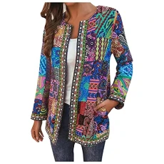 Cotton Tunic Women's Boho Cardigan Fashion Retro Print Loose Long Sleeve Coat with Pockets T Shirts Elegant Loose Fit Summer Blouses Women Linen Tops