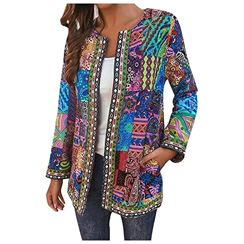 Cotton Tunic Women's Boho Cardigan Fashion Retro Print Loose Long Sleeve Coat with Pockets T Shirts Elegant Loose Fit Summer Blouses Women Linen Tops