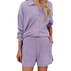 Cotton Two Piece Pajamas Ladies Solid Color Strip Button Lapel Casual Fashion Homewear Shorts Set Lady Sleepwear Pajama Sale Clearance Purple