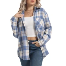 Cotton Women Flannel Plaid Shirt Top Lapel Loose Summer Shirt Tops V Neck Blouse Long Sleeve Button 