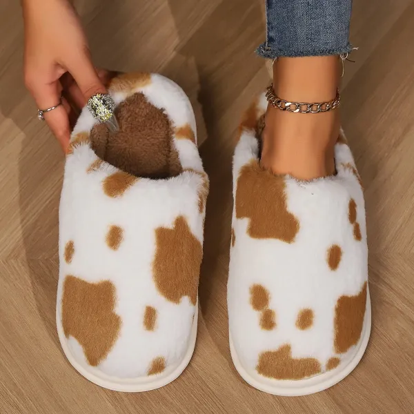 Cow Spotted Plush Slippers - BROWN / 42TO43