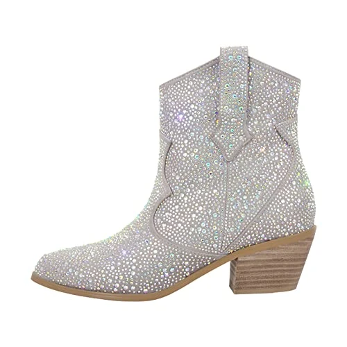 Cowboy Cowgirl Boots with Rhinestones Sexy Crystal Stacked Heeled Short Booties Block Chunky High He