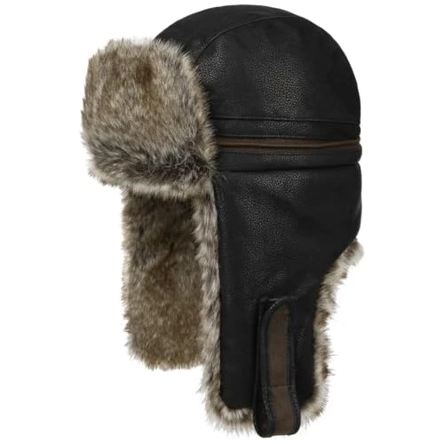 Cowhide Bomber Aviator Hat Men - chapka Trapper with Lining, Leather Trim Winter Autumn-Winter - M (56-57 cm) Black