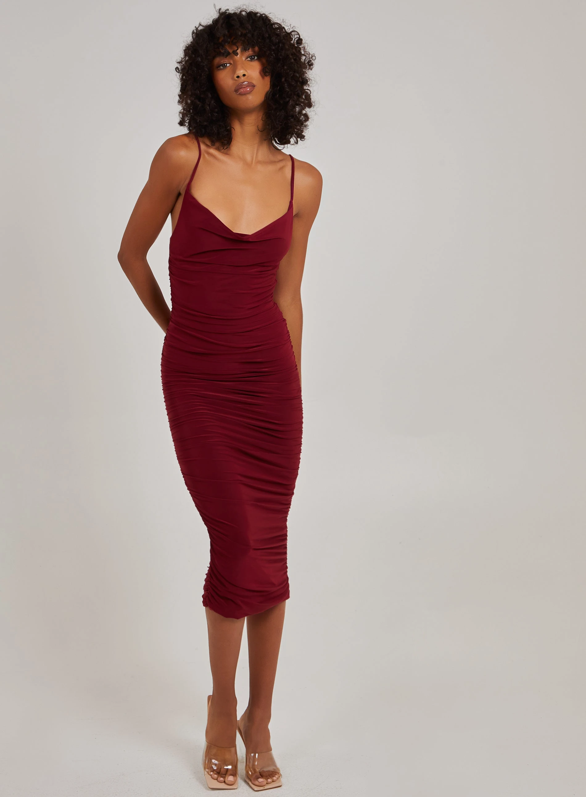 Cowl Neck Gathered Maxi Dress  - 14  - Wine