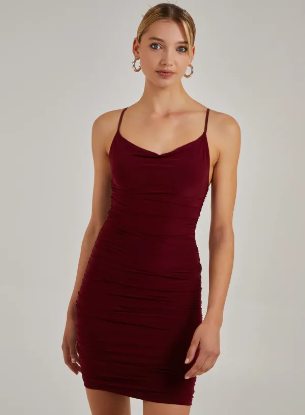 Cowl Neck Ruched Slinky Midi Dress - 14 - Wine