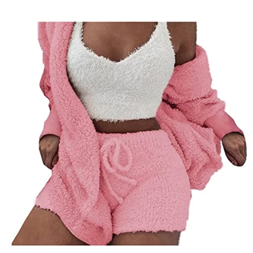 Cozy Knit Set 3-Piece, 3 Pieces Pajamas Long Sleeved Fluffy Hoody, Women Fleece Coat Crop Top Shorts Sets (Pink, XL)