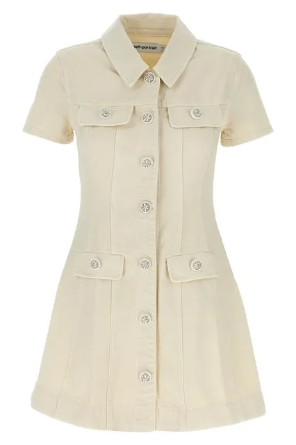 Cream Collared Denim Mini dress - White