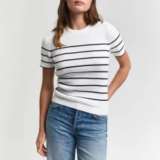 Cream Ribbed Breton Knit Top - Beige