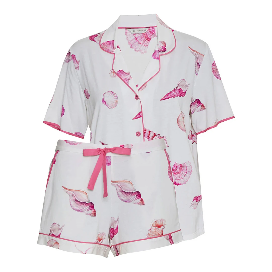 Cream Shell Printed Jersey Pyjama Top And Short