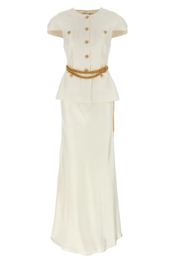 Cream Taffeta Chain Belt Maxi Dress