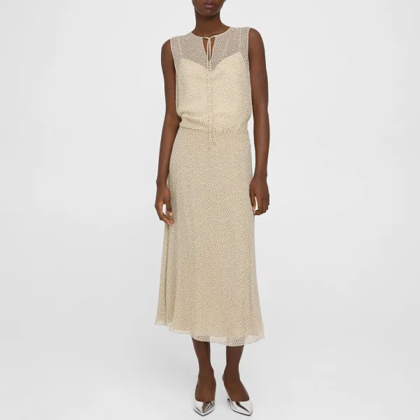 Cream Tie Neck Silk Midi Dress - Beige