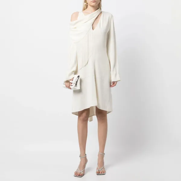 Cream V-Neck Tassel Mini Dress - Cream