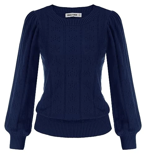 Crew Neck Jumpers for Women UK Autumn Winter Long Sleeve Pullover Hollowed Out Leisure Jumper Sweater Dark Blue M