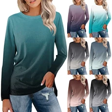 Crewneck T Shirts Long Sleeve Tops Gradient Colour Loose Tunic Tops Stretch Sweatshirts Round Neck Pullover Undershirt Basic Tee Shirt Women's Blouses Casual T-Shirt Lightweight Pullover