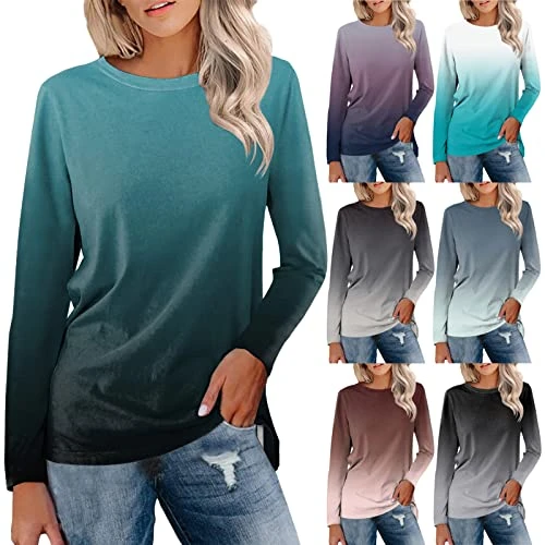 Crewneck T Shirts Long Sleeve Tops Gradient Colour Loose Tunic Tops Stretch Sweatshirts Round Neck Pullover Undershirt Basic Tee Shirt Women's Blouses Casual T-Shirt Lightweight Pullover