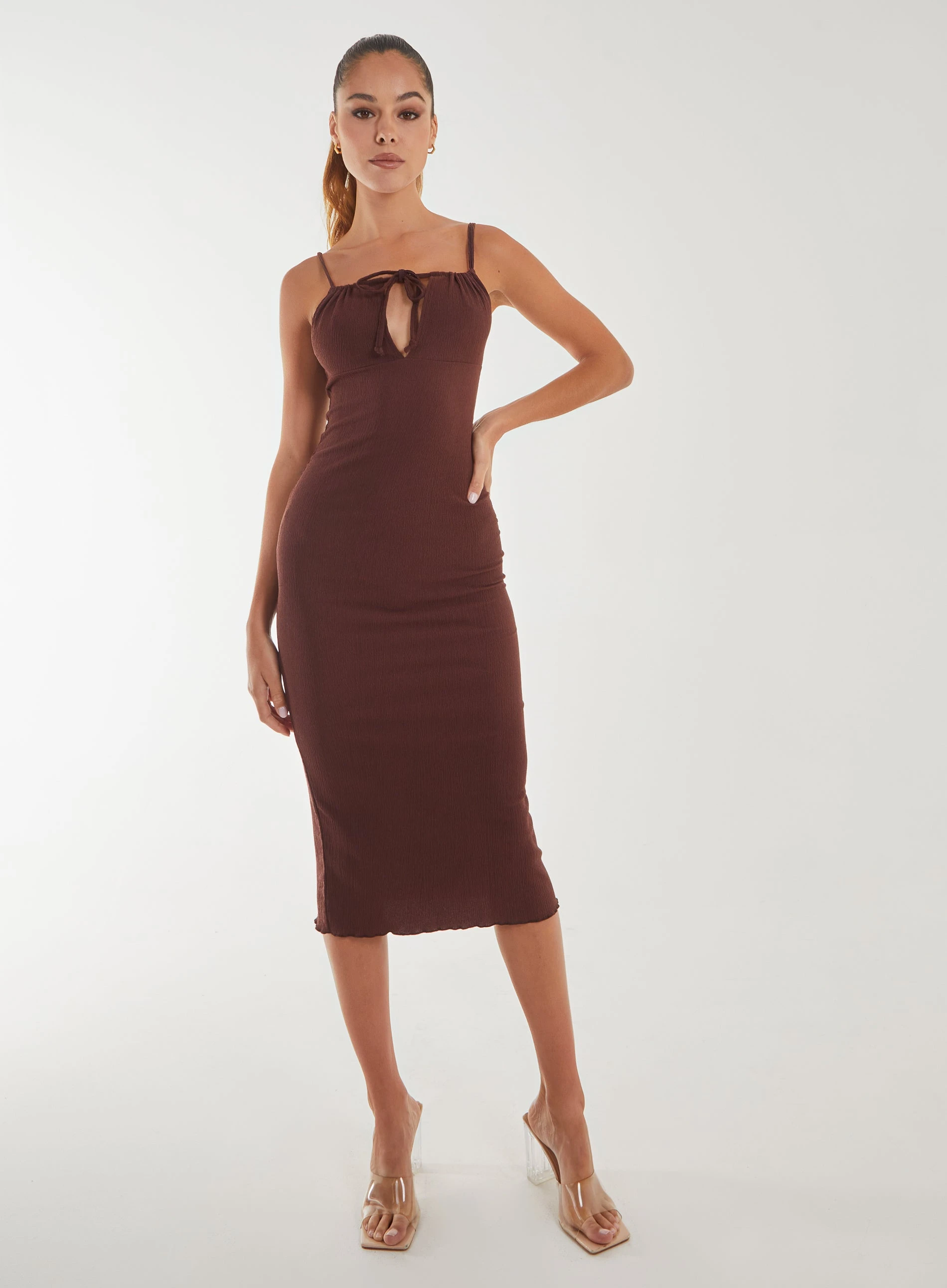 Crinkle Tie Midi Dress  - 10  - Chocolate