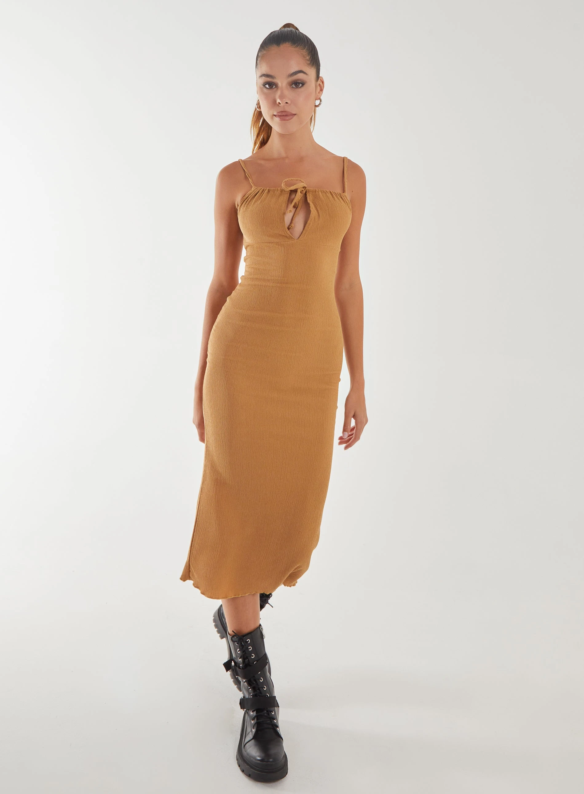 Crinkle Tie Midi Dress  - 14  - Camel