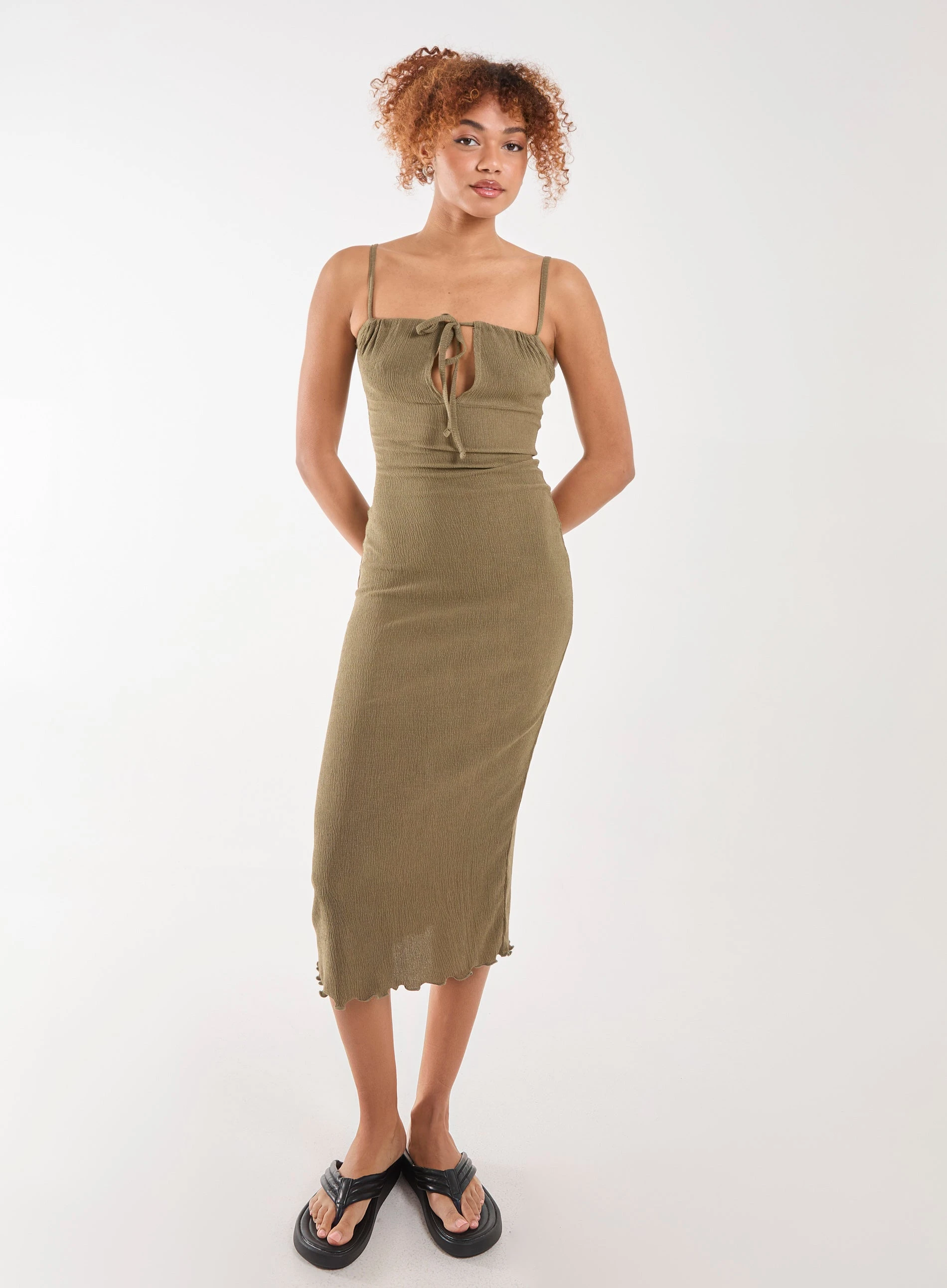 Crinkle Tie Midi Dress  - 6  - KHAKI