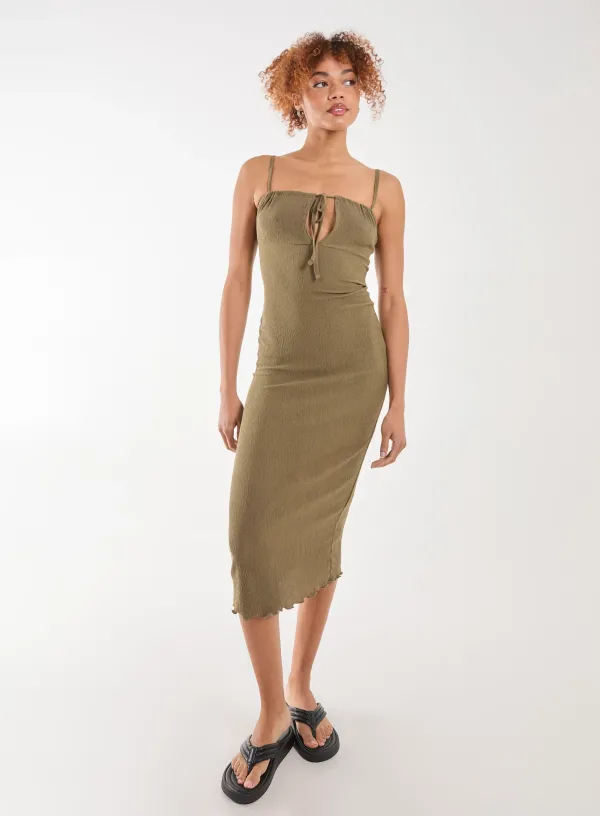 Crinkle Tie Midi Dress - - KHAKI