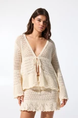 Crochet Cardigan With Tie Detail - Ecru