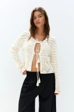 Crochet Cardigan With Ties - Ecru