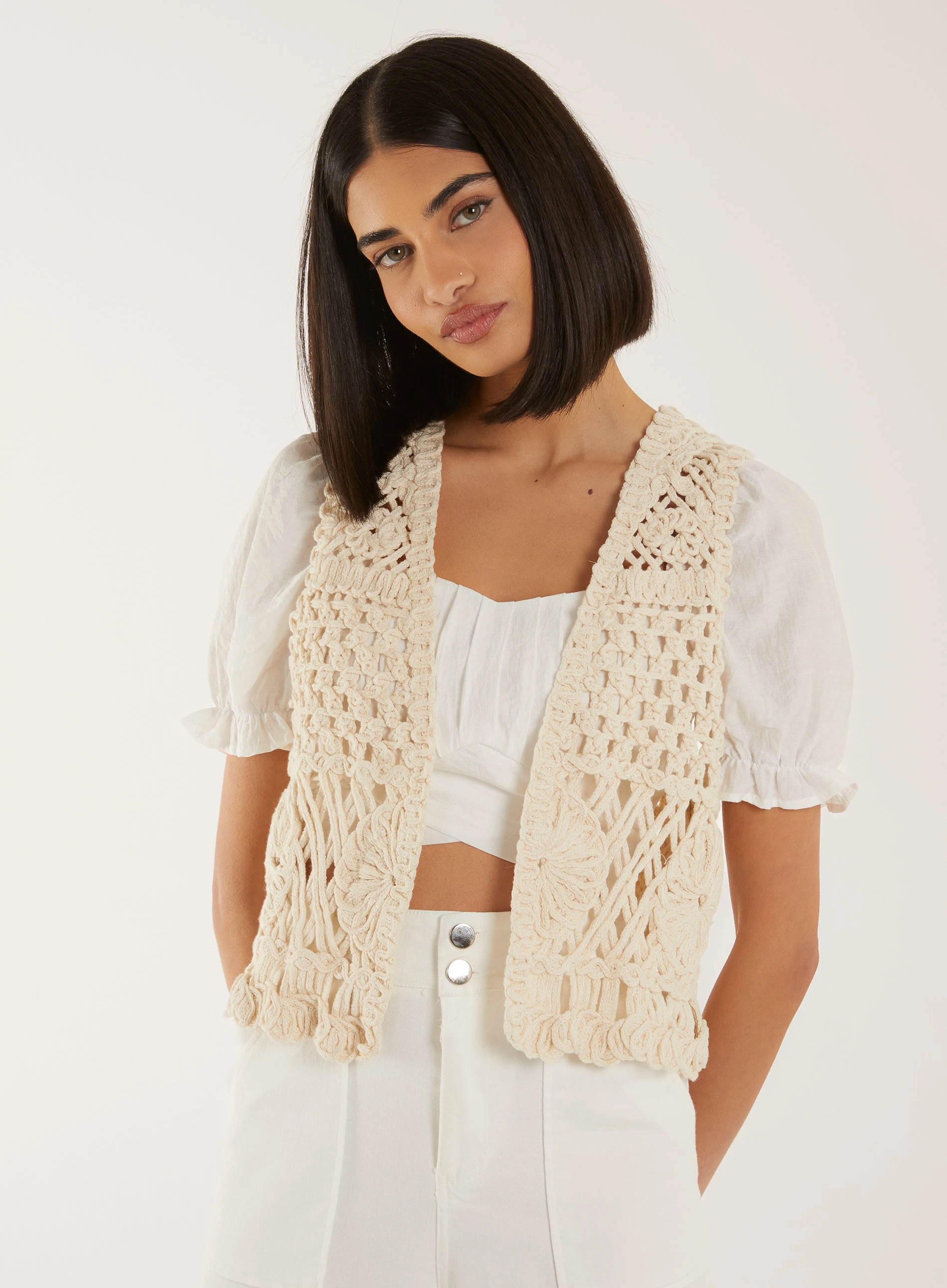 Crochet Detailed Waistcoat  - M/L  - STONE