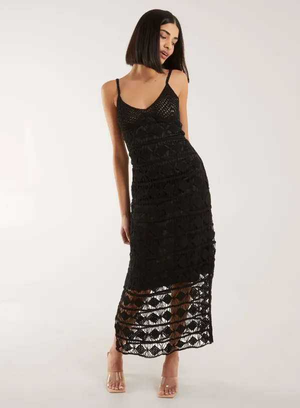 Crochet Geo Pattern Maxi Dress - / - BLACK