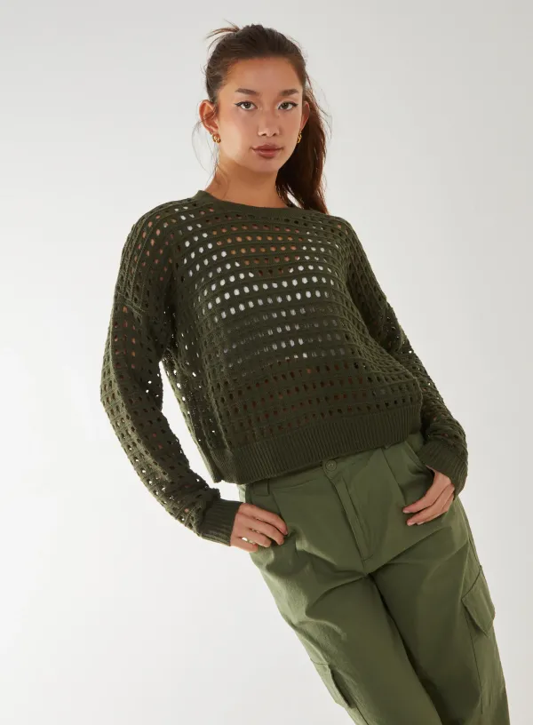 Crochet Knitted Sweater - M/L - Khaki
