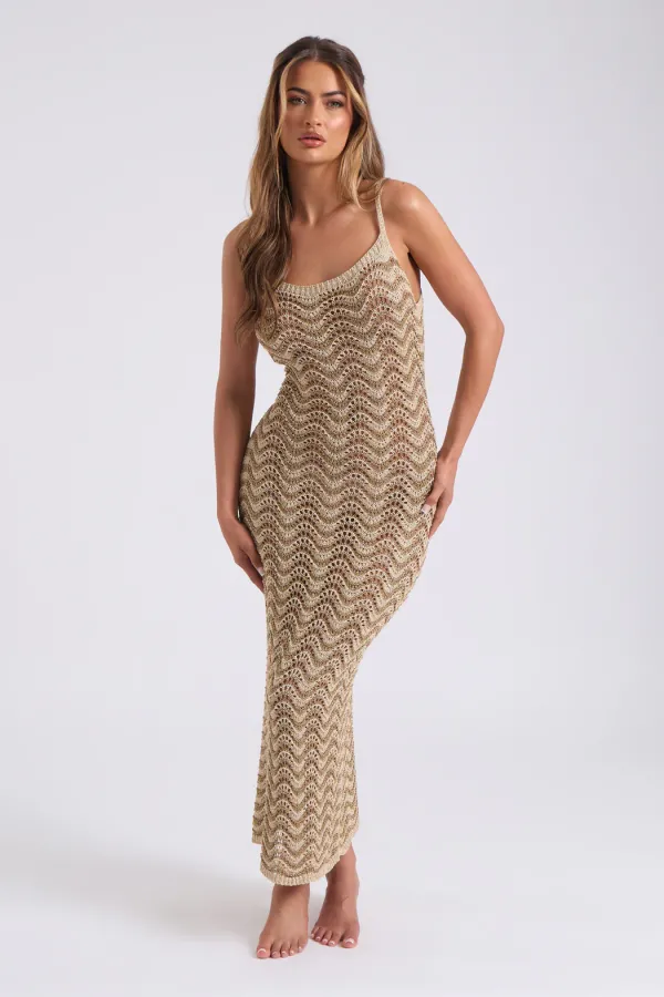Crochet Metallic Stripe Maxi Dress