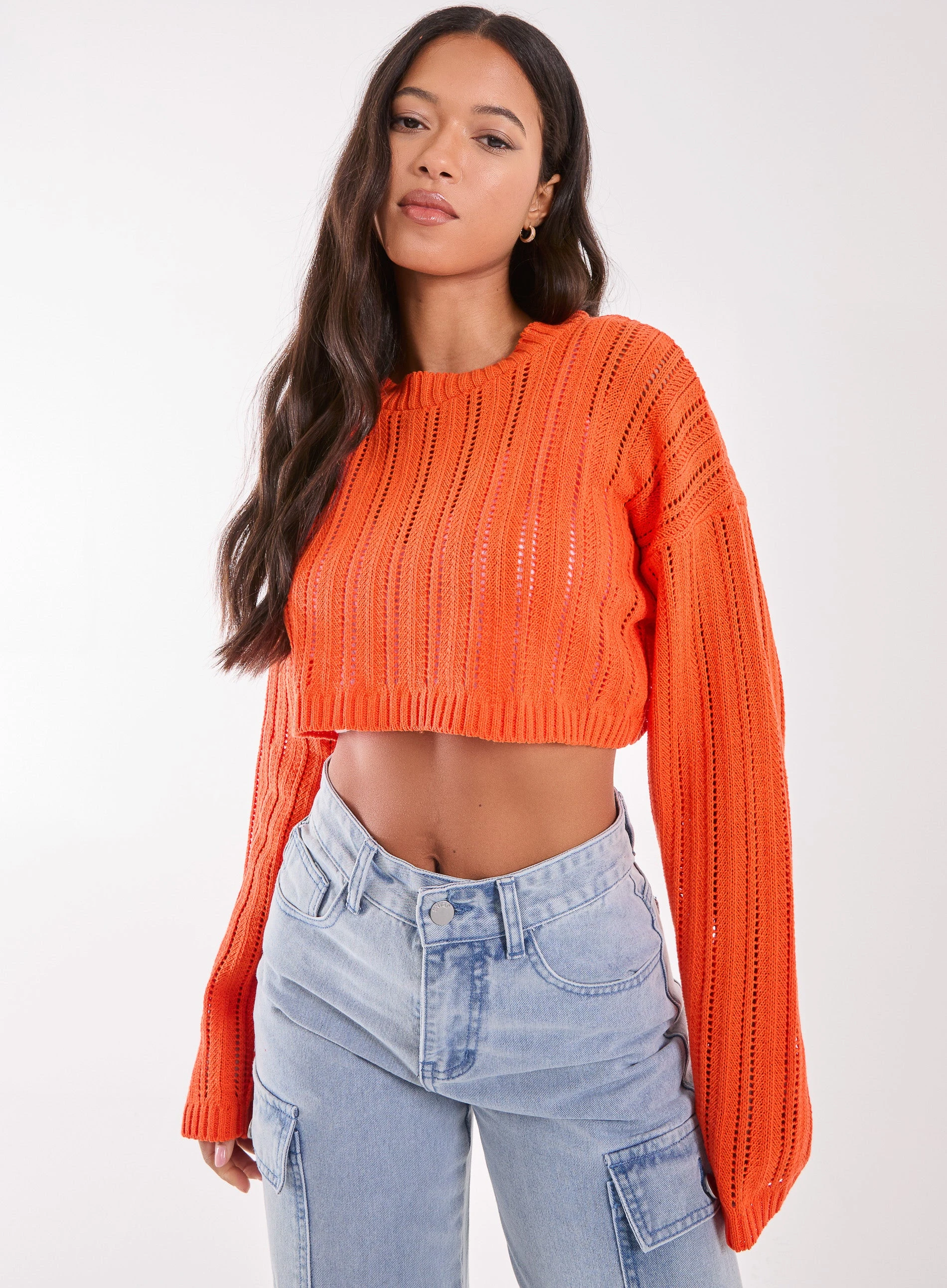 Crochet Super Cropped Jumper  - S  - ORANGE