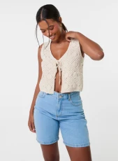 Crochet Tie Front Waistcoat / STONE