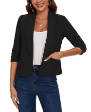 Cropped Blazer for Women 3/4 Ruched Sleeve Lapel Suit Open Front Tailored Jacket (Black M)