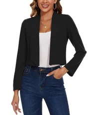 Cropped Blazers for Women Casual Tailored Lapel Suit Open Front Formal Jacket (Black XL)