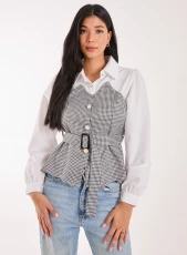 Cropped Checked Top With Undershirt  - S  - BLACK PATTERN