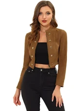 Cropped Jacket for Women's Double Breasted Zip Up Biker Faux Suede Jacket Brown L